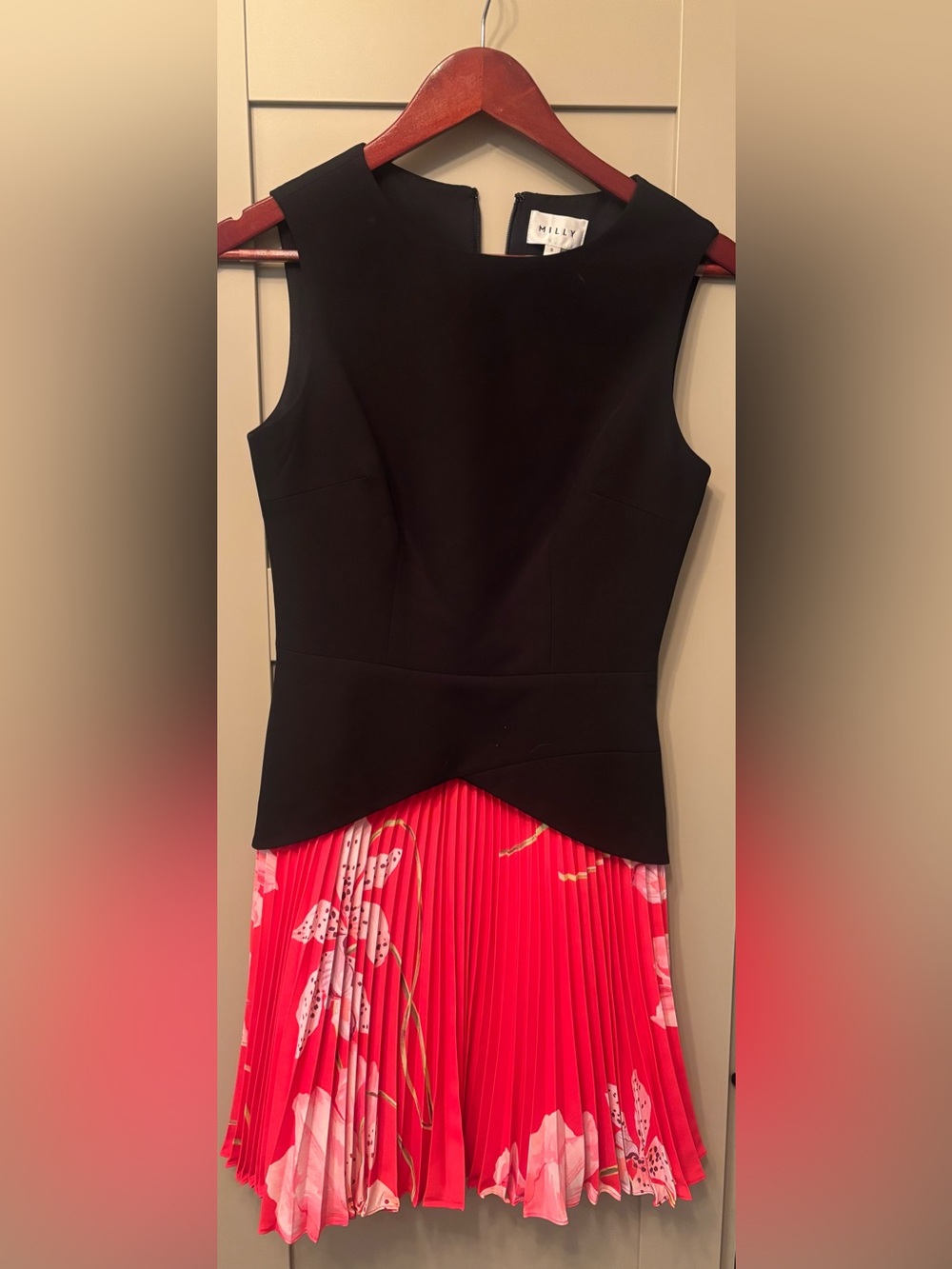Milly Black Bodice with Red Floral Pleated Skirt Dress